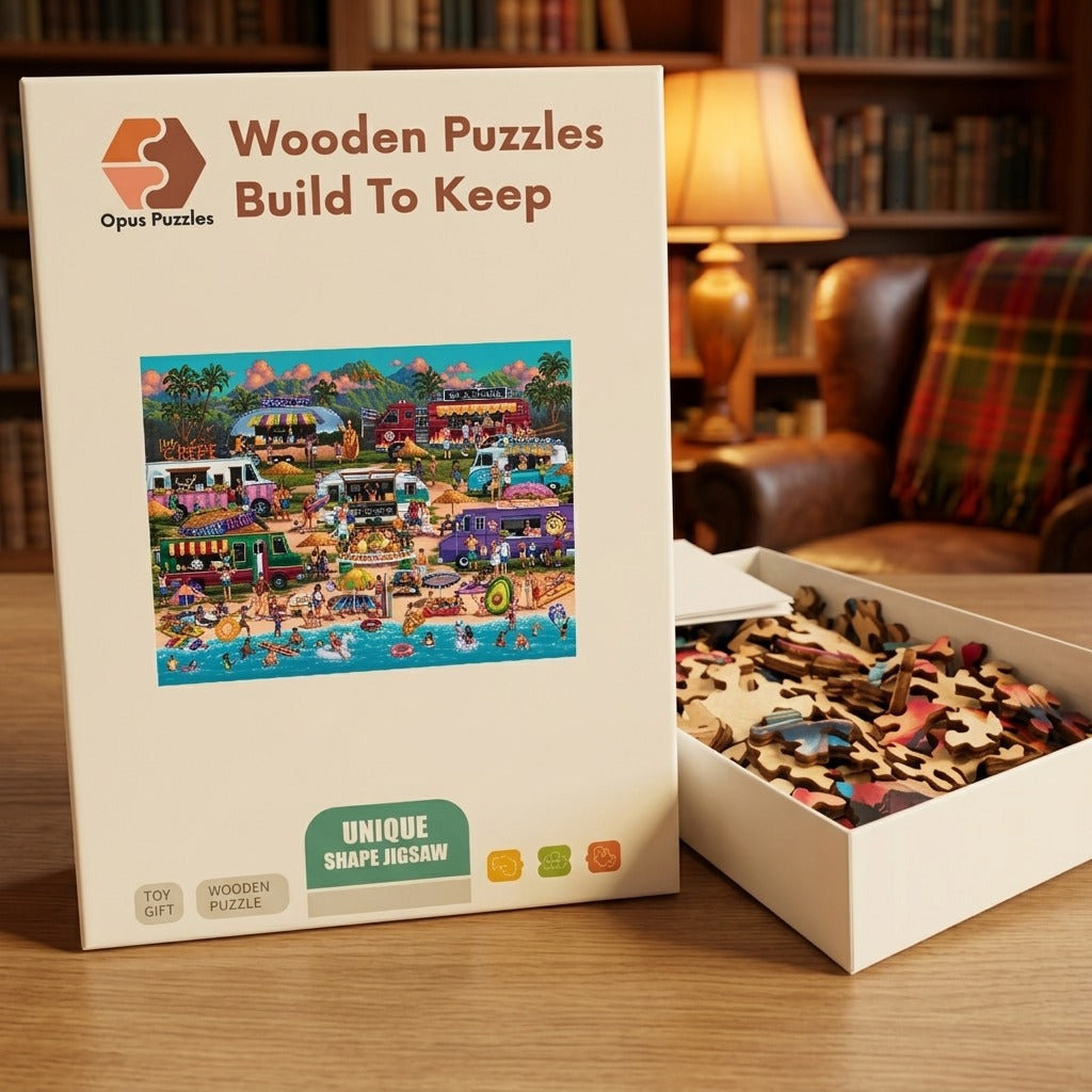 Food Truck Festival Wooden Puzzle – packaged wooden puzzle gift box
