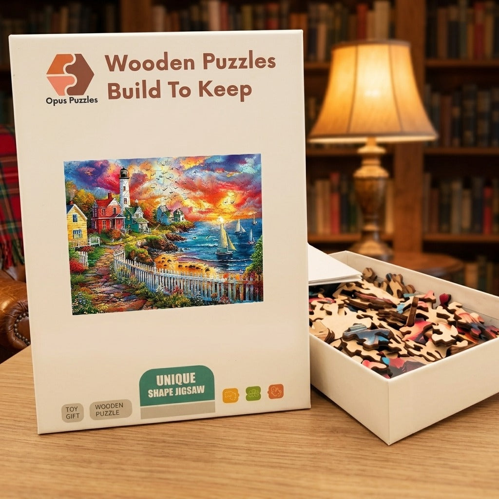 Lighthouse Sunset Cove Wooden Puzzle – packaged wooden puzzle gift box