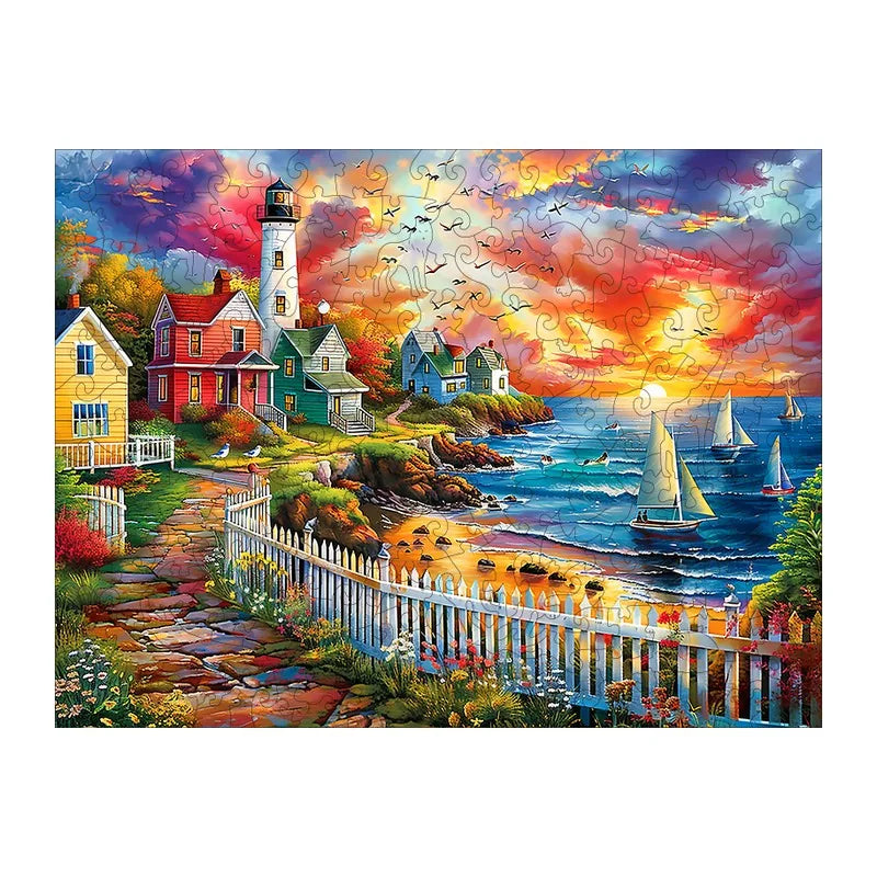 Lighthouse Sunset Cove round wooden puzzle