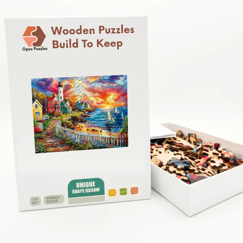 Lighthouse Sunset Cove Wooden Puzzle – packaged wooden puzzle gift box