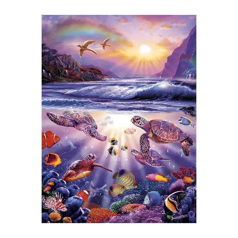 Sunrise Sea Turtles round wooden puzzle