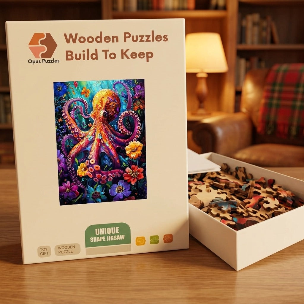 Neon Octopus Bloom Wooden Puzzle – packaged wooden puzzle gift box