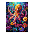Neon Octopus Bloom round wooden puzzle