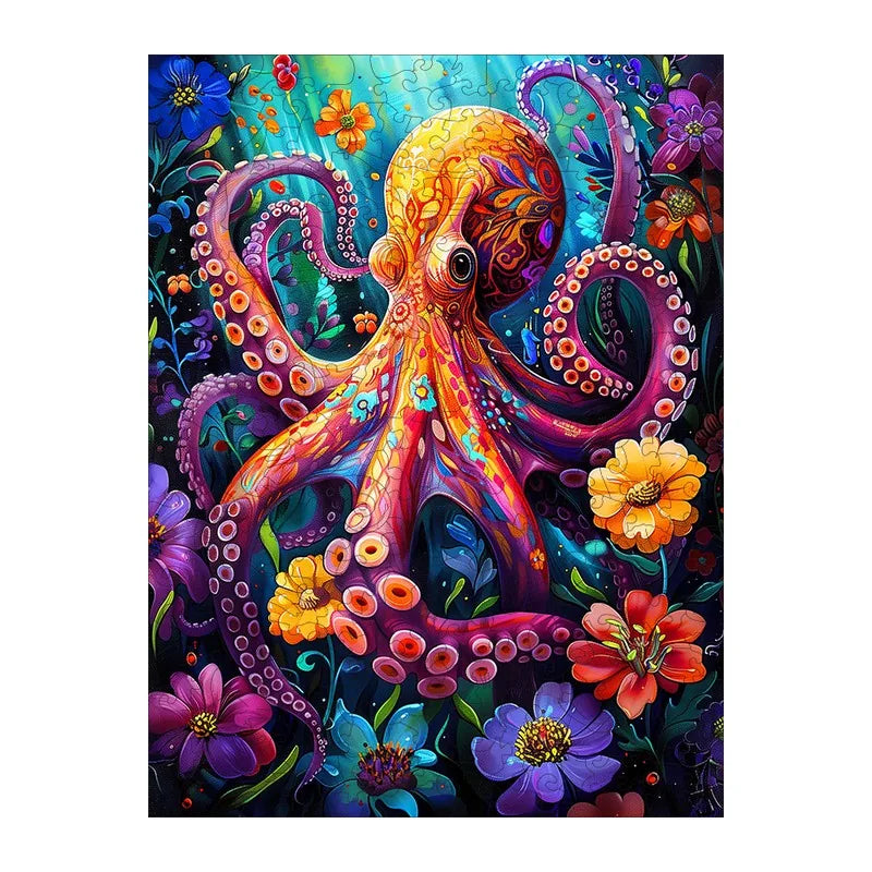 Neon Octopus Bloom round wooden puzzle