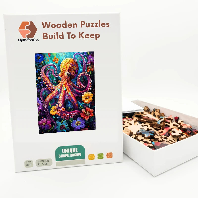Neon Octopus Bloom Wooden Puzzle – packaged wooden puzzle gift box