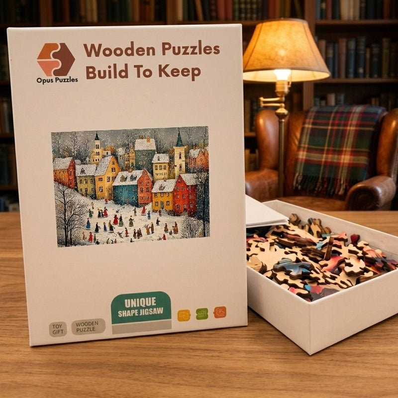 Snowy Village Skaters Wooden Puzzle – packaged wooden puzzle gift box