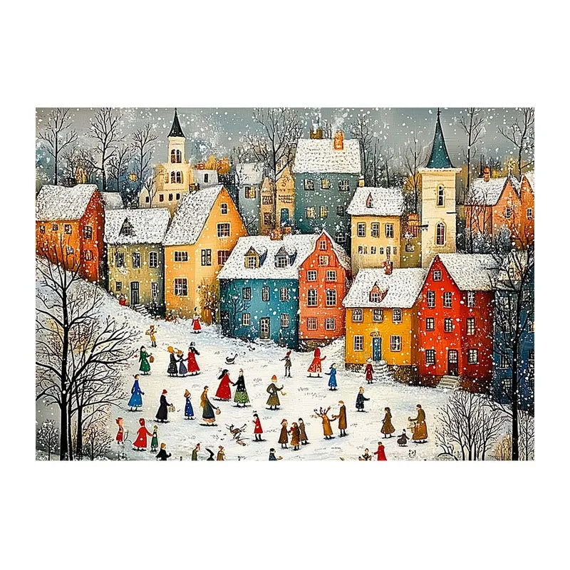 Snowy Village Skaters round wooden puzzle
