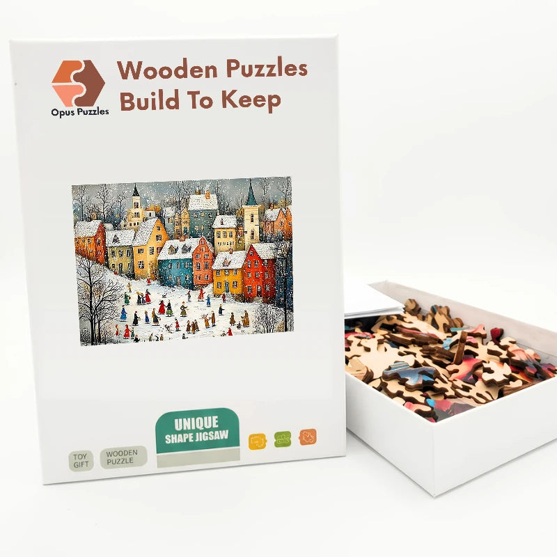 Snowy Village Skaters Wooden Puzzle – packaged wooden puzzle gift box