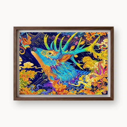 Cosmic Stag Spirit, a rectangular whimsy-cut wooden puzzle shown framed as wall art