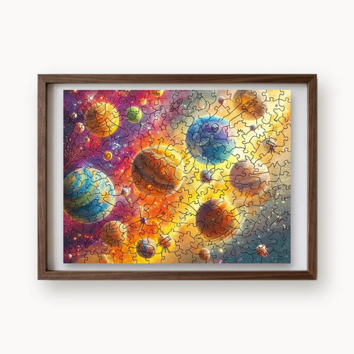 Cosmic Planets Drift, a rectangular whimsy-cut wooden puzzle shown framed as wall art