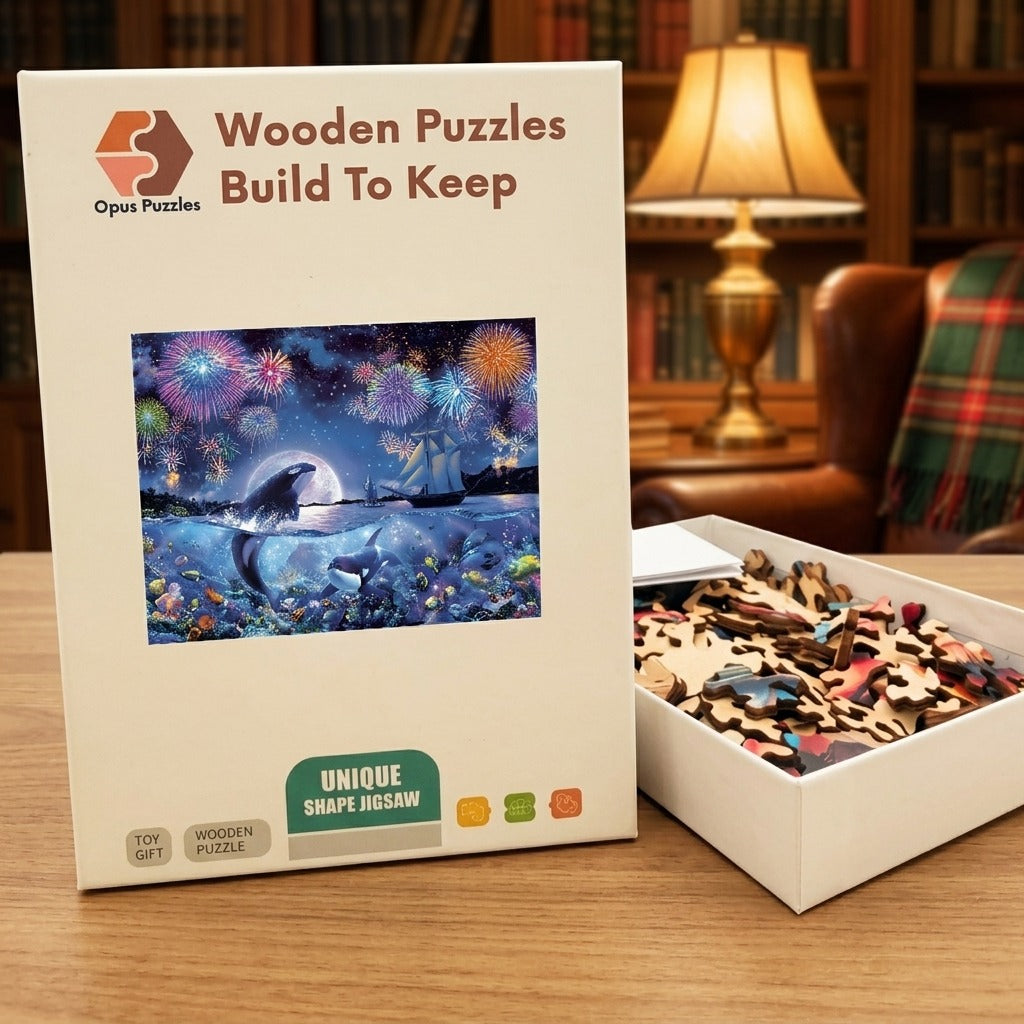 Orca Fireworks Night Wooden Puzzle – packaged wooden puzzle gift box