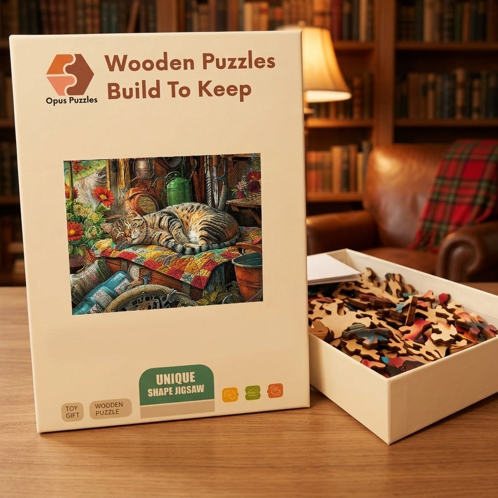 Garden Shed Cat Wooden Puzzle – packaged wooden puzzle gift box