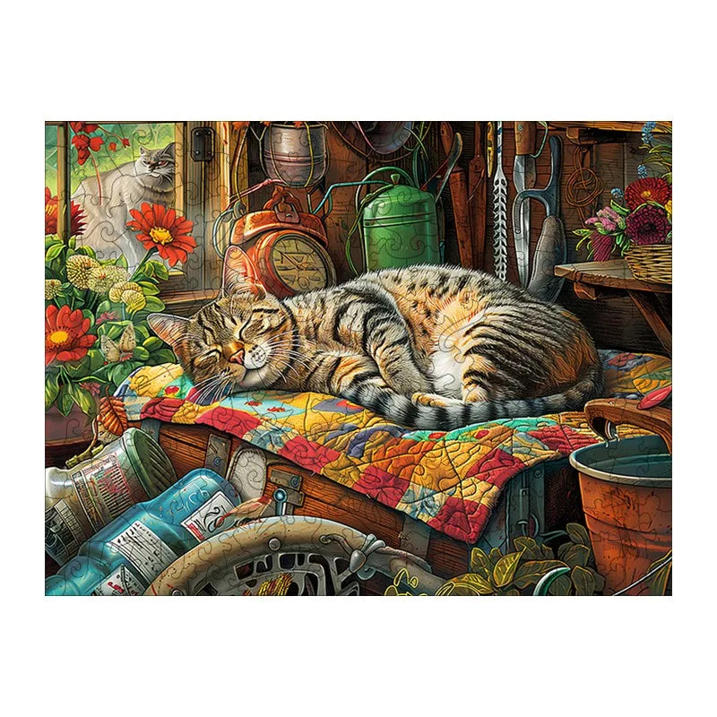 Garden Shed Cat round wooden puzzle