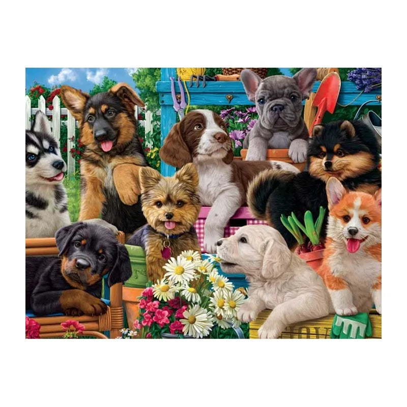 Garden Puppy Pile round wooden puzzle