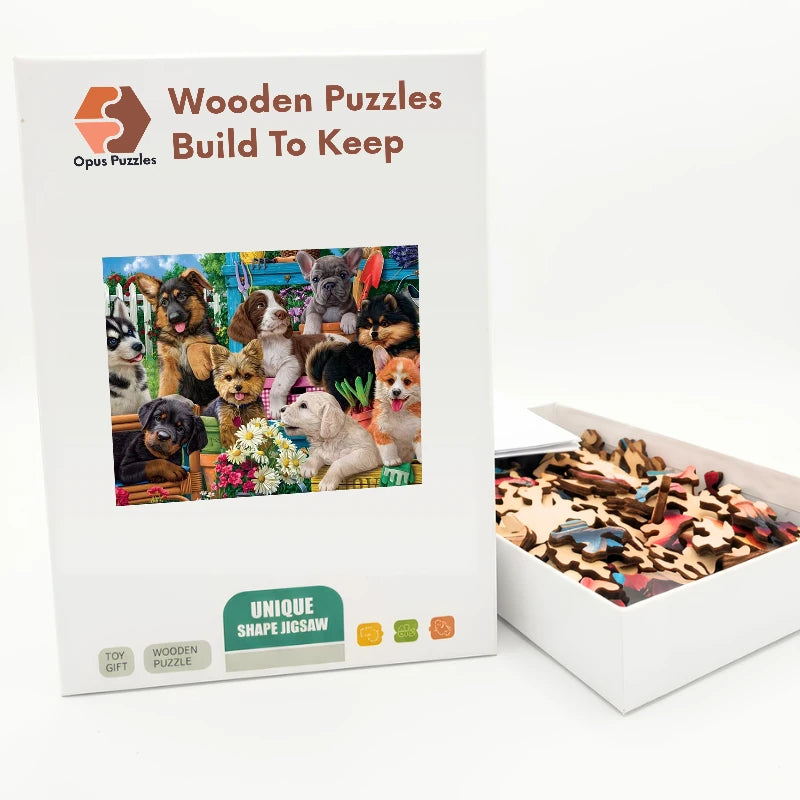 Garden Puppy Pile Wooden Puzzle – packaged wooden puzzle gift box