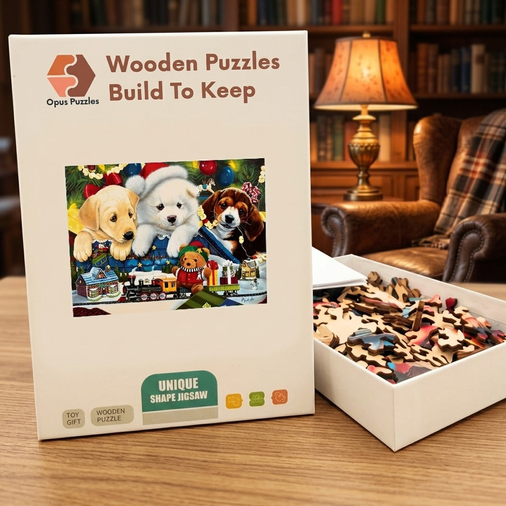 Christmas Puppy Train Wooden Puzzle – packaged wooden puzzle gift box