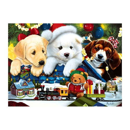 Christmas Puppy Train round wooden puzzle