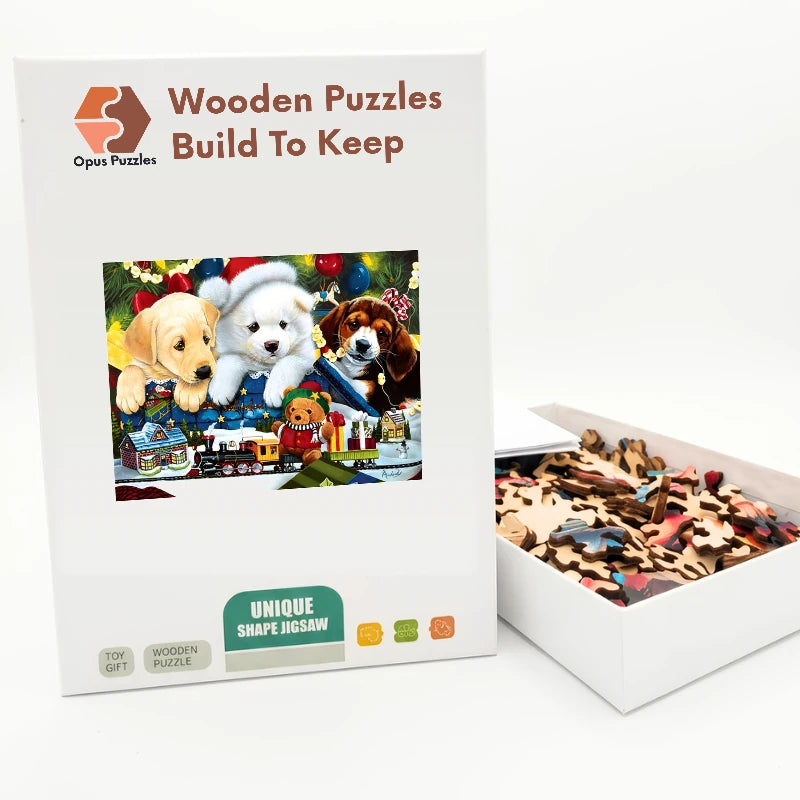 Christmas Puppy Train Wooden Puzzle – packaged wooden puzzle gift box