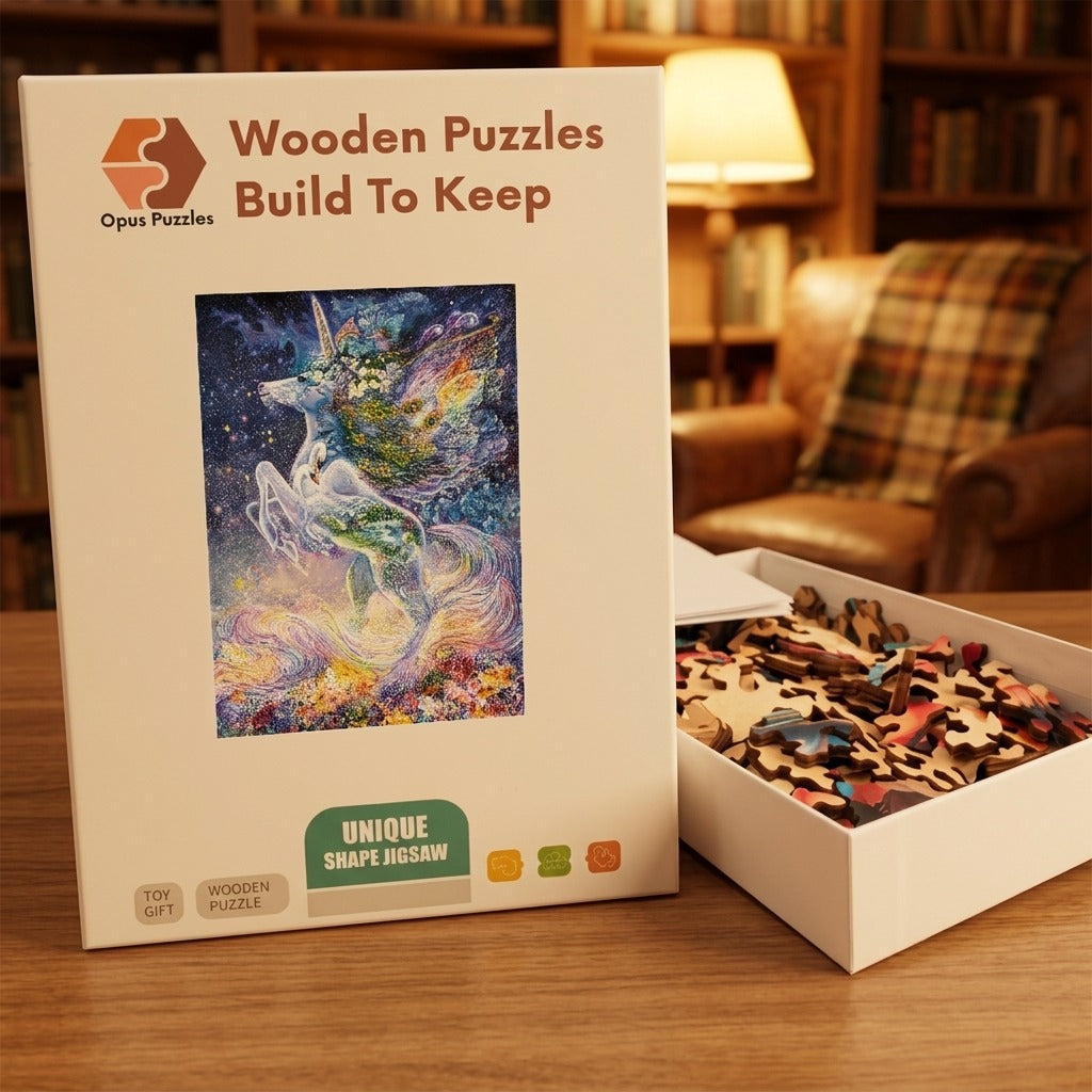 Starlight Unicorn Bloom Wooden Puzzle – packaged wooden puzzle gift box