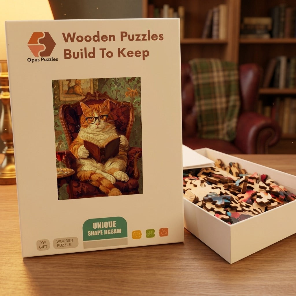 Reading Cat Gentleman Wooden Puzzle – packaged wooden puzzle gift box
