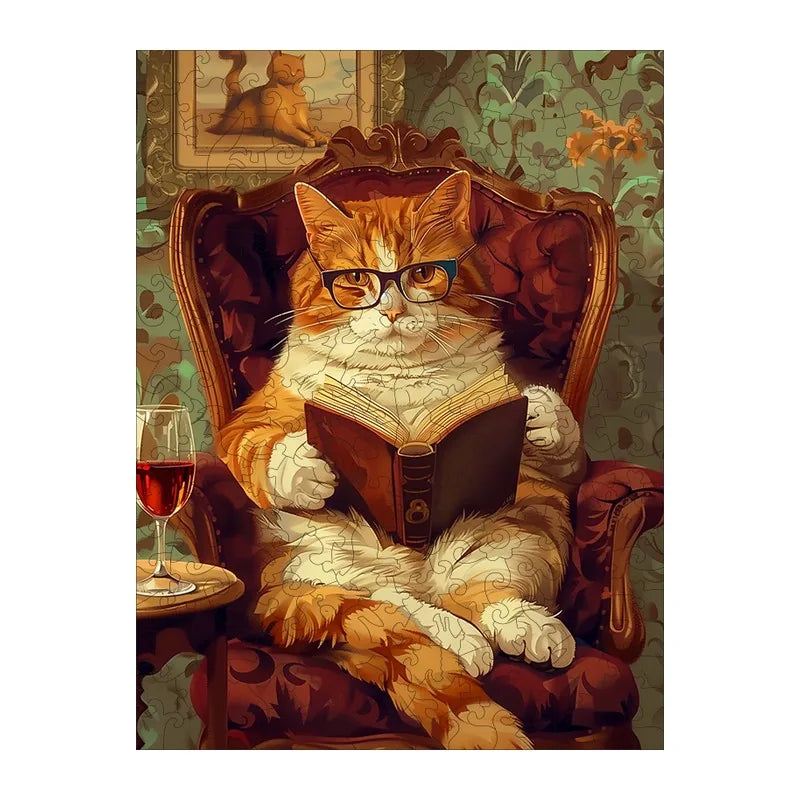 Reading Cat Gentleman round wooden puzzle
