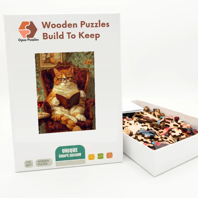 Reading Cat Gentleman Wooden Puzzle – packaged wooden puzzle gift box