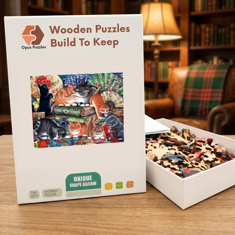 Kittens And Painted Fans Wooden Puzzle – packaged wooden puzzle gift box