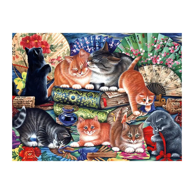Kittens And Painted Fans round wooden puzzle