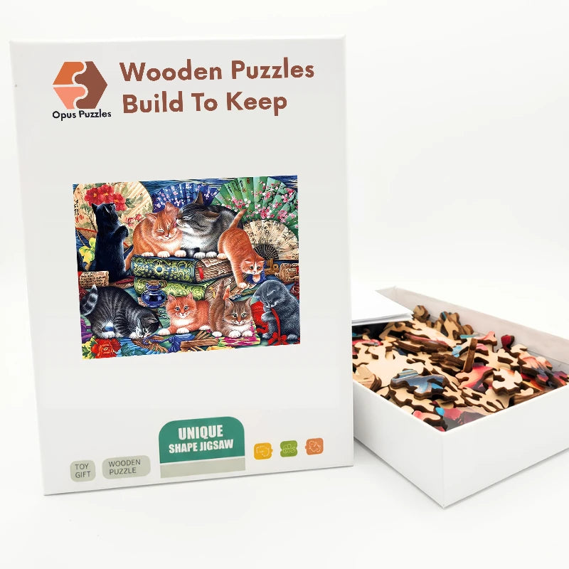Kittens And Painted Fans Wooden Puzzle – packaged wooden puzzle gift box