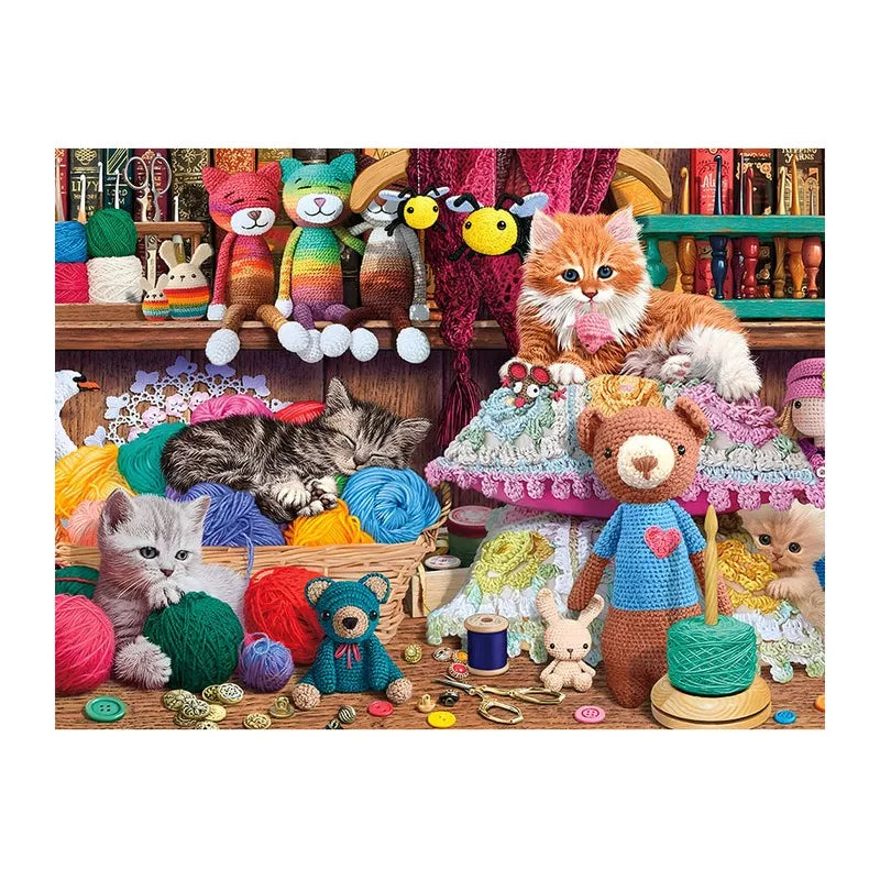 Yarn Shop Kittens round wooden puzzle