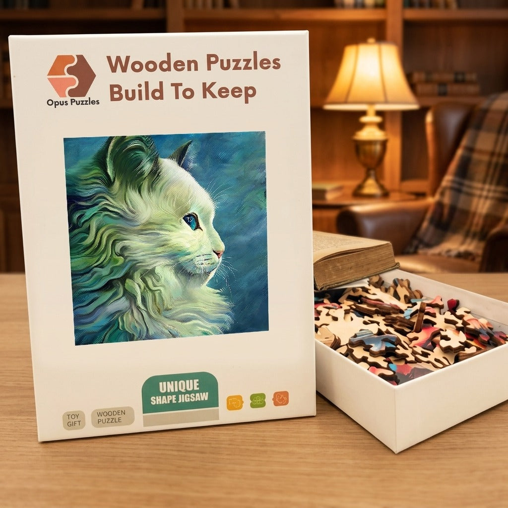 Sea Glass Cat Profile Wooden Puzzle – packaged wooden puzzle gift box