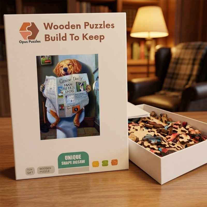 Newspaper Dog Throne Wooden Puzzle – packaged wooden puzzle gift box