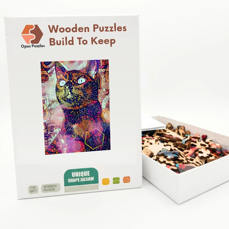 Mosaic Cat Portrait Wooden Puzzle – packaged wooden puzzle gift box