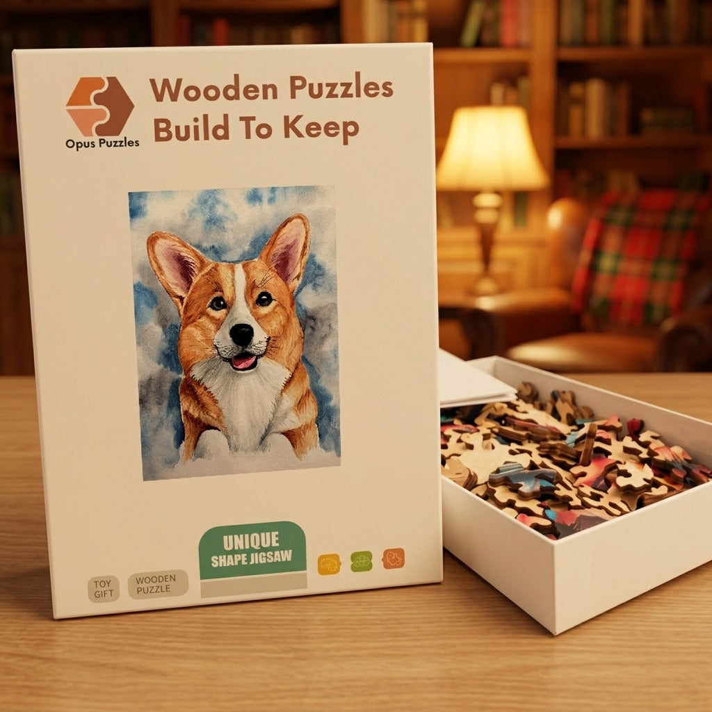 Watercolor Corgi Wooden Puzzle – packaged wooden puzzle gift box