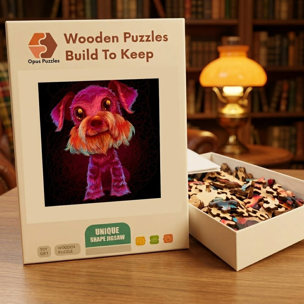 Neon Schnauzer Pup Wooden Puzzle – packaged wooden puzzle gift box