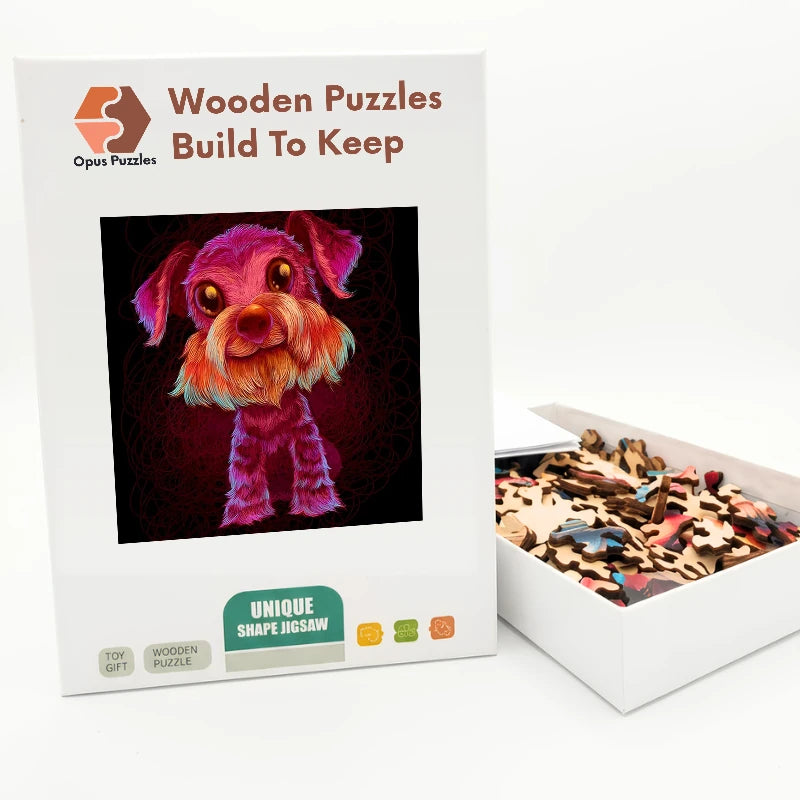 Neon Schnauzer Pup Wooden Puzzle – packaged wooden puzzle gift box