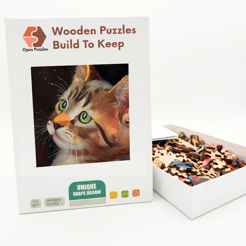 Starlit Kitten Gaze Wooden Puzzle – packaged wooden puzzle gift box