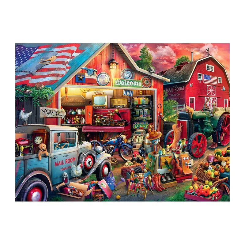 Country Yard Sale round wooden puzzle