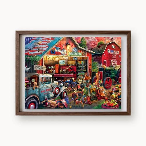Country Yard Sale, a rectangular whimsy-cut wooden puzzle shown framed as wall art
