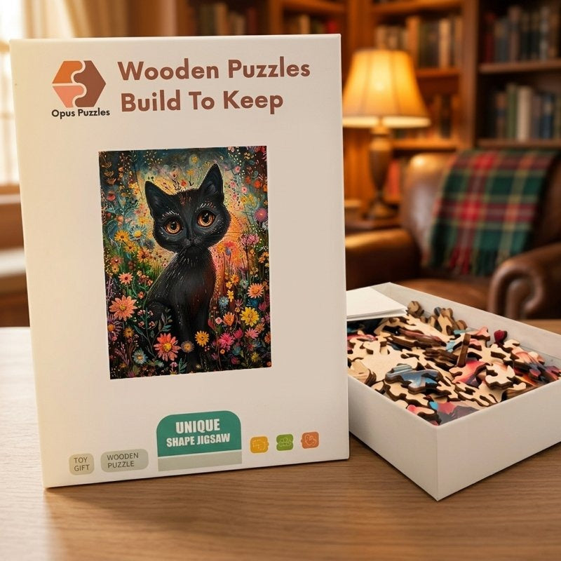 Wildflower Black Cat Wooden Puzzle – packaged wooden puzzle gift box