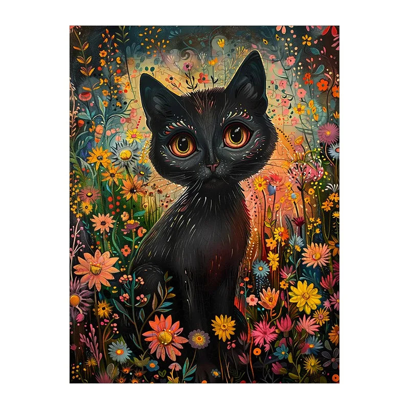 Wildflower Black Cat round wooden puzzle