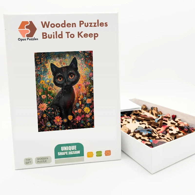 Wildflower Black Cat Wooden Puzzle – packaged wooden puzzle gift box