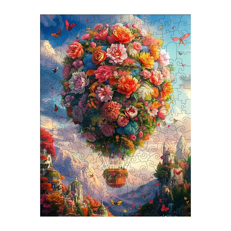 Floral Hot Air Balloon round wooden puzzle