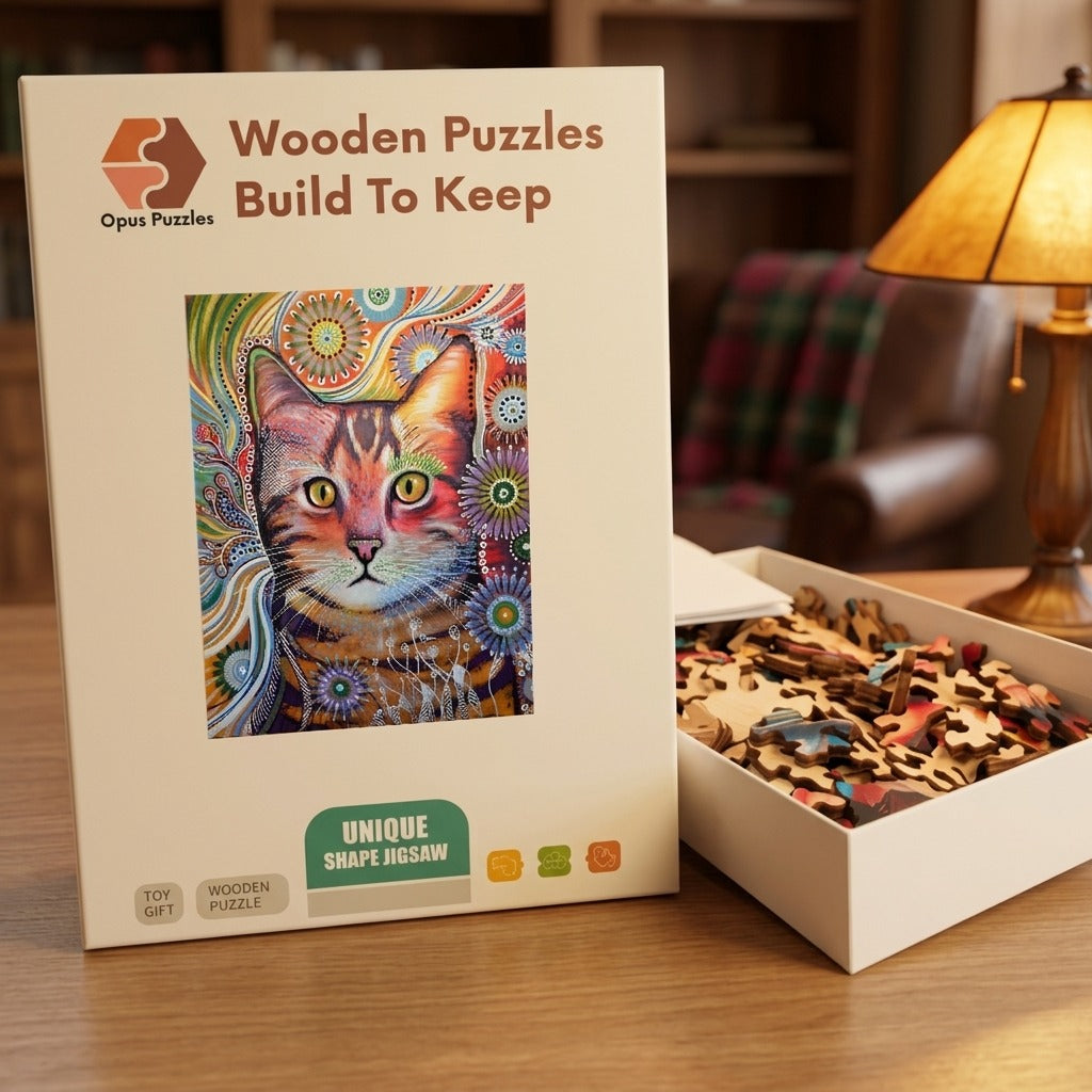 Mandala Tabby Cat Wooden Puzzle – packaged wooden puzzle gift box