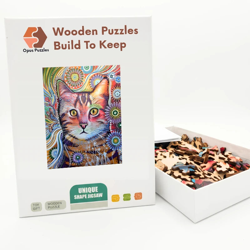 Mandala Tabby Cat Wooden Puzzle – packaged wooden puzzle gift box