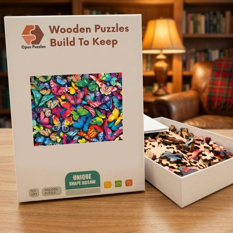 Rainbow Butterfly Swarm Wooden Puzzle – packaged wooden puzzle gift box