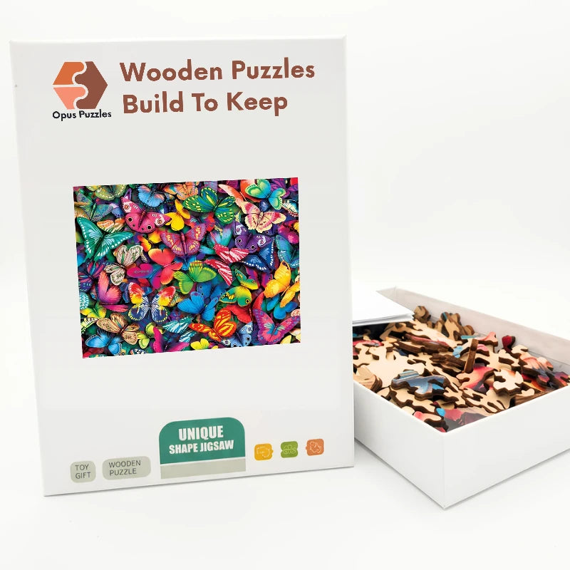 Rainbow Butterfly Swarm Wooden Puzzle – packaged wooden puzzle gift box