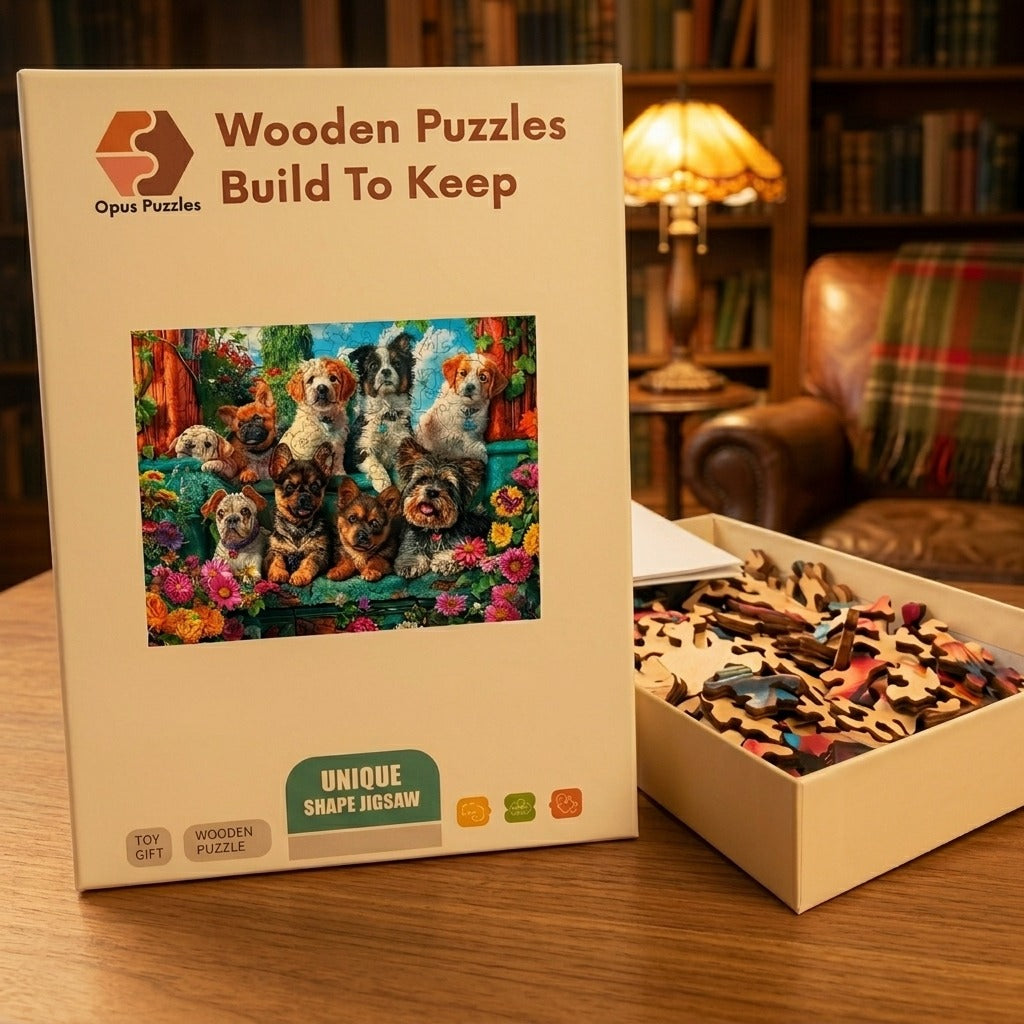 Puppy Garden Bench Wooden Puzzle – packaged wooden puzzle gift box