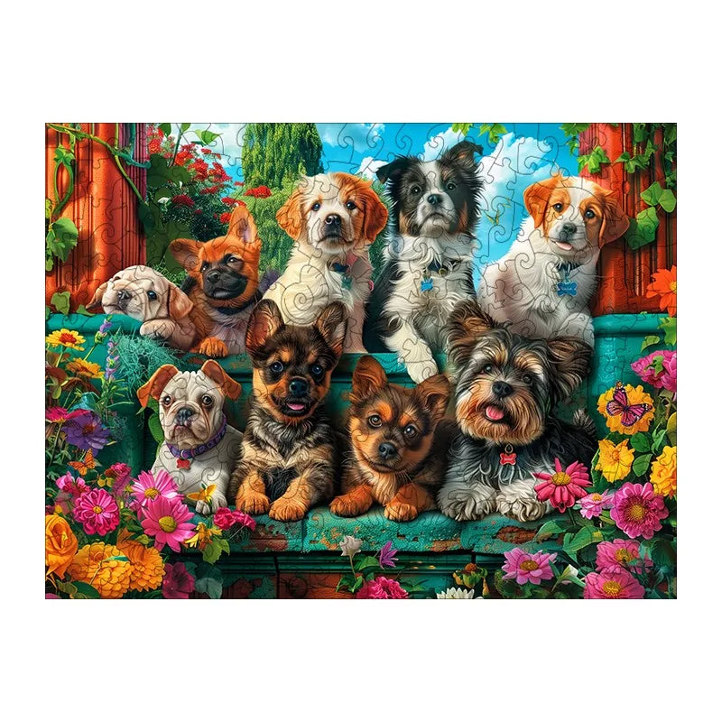 Puppy Garden Bench round wooden puzzle