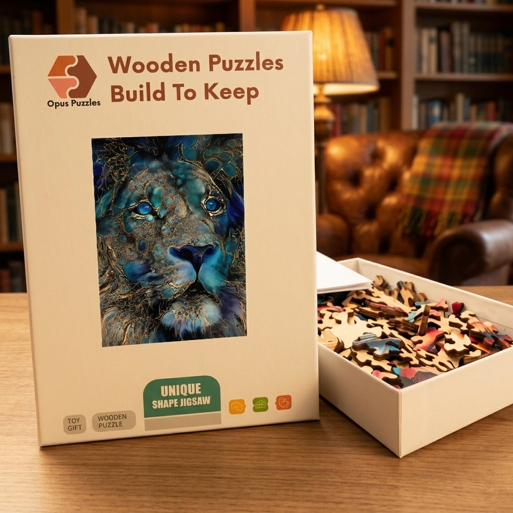 Sapphire Lion Portrait Wooden Puzzle – packaged wooden puzzle gift box